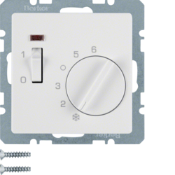 20316089 Regolatore di temperatura,  contatto di apertura,  con pezzo centrale,  24 V AC/DC con interruttore a bilanciere,  Berker Q.1/Q.3/Q.7/Q.9, bianco polare velluto