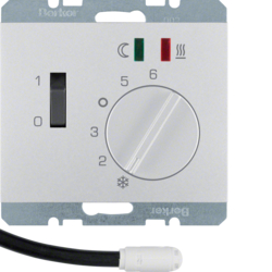 20347103 Regolatore di temperatura,  contatto di chiusura,  con pezzo centrale,  per riscaldamento a pavimento con interruttore a bilanciere,  sonda esterna di temperatura,  BERKER K.5, alluminio opaco,  verniciato