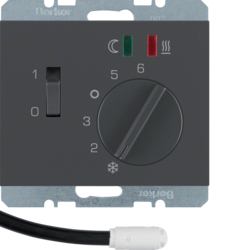 20347106 Regolatore di temperatura,  contatto di chiusura,  con pezzo centrale,  per riscaldamento a pavimento con interruttore a bilanciere,  sonda esterna di temperatura,  BERKER K.1, antracite opaco,  verniciato