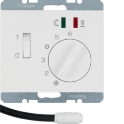 20347109 Regolatore di temperatura,  contatto di chiusura,  con pezzo centrale,  per riscaldamento a pavimento con interruttore a bilanciere,  sonda esterna di temperatura,  BERKER K.1, bianco polare lucido