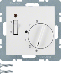 20318989 Regolatore di temperatura,  contatto di apertura,  con pezzo centrale,  24 V AC/DC con interruttore a bilanciere,  BERKER S.1/B.3/B.7, bianco polare lucido