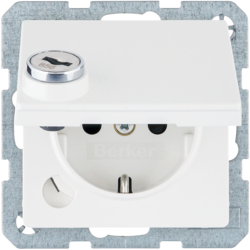 47636089 Presa SCHUKO con coperchio a cerniera Serratura - chiusure opposte,  Berker Q.1/Q.3/Q.7/Q.9, bianco polare velluto